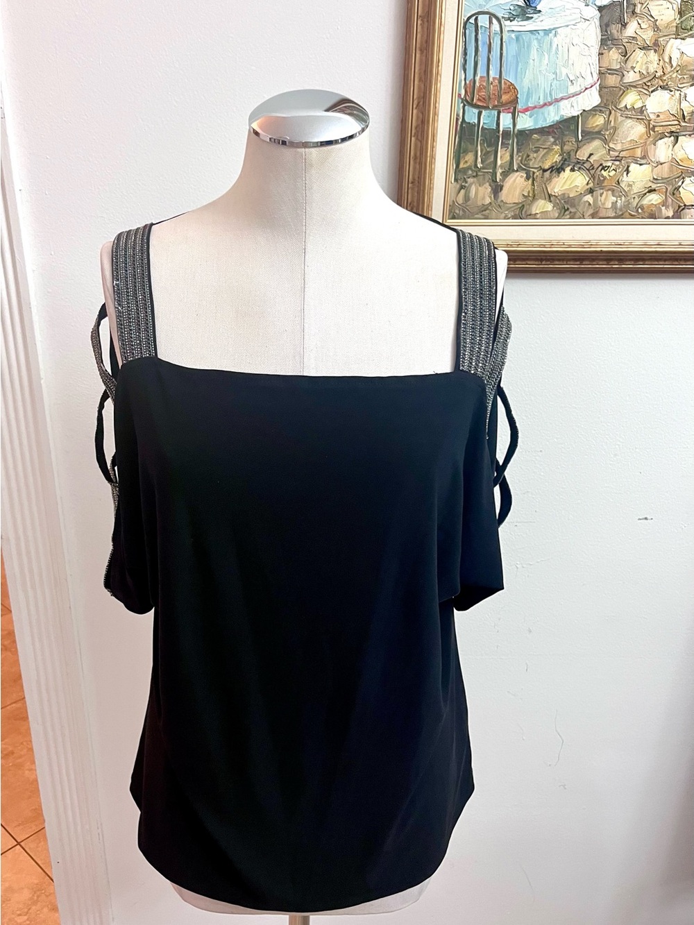 Perseption Black Cold-Shoulder Top with Embellished Straps